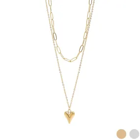 18K Gold PVD Stainless Steel Loop and Paperclip Layered Chain Heart Charm Necklace / CHN0026