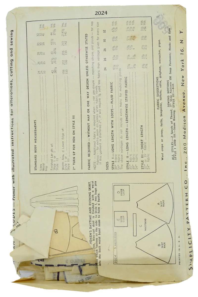 1947 Simplicity 2024 Vintage Skirt W Bustle Sewing Pattern