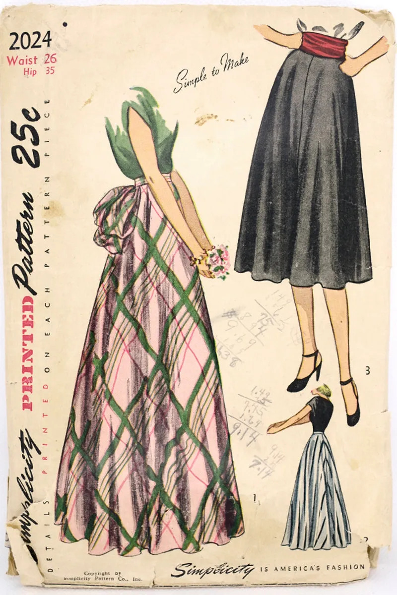 1947 Simplicity 2024 Vintage Skirt W Bustle Sewing Pattern