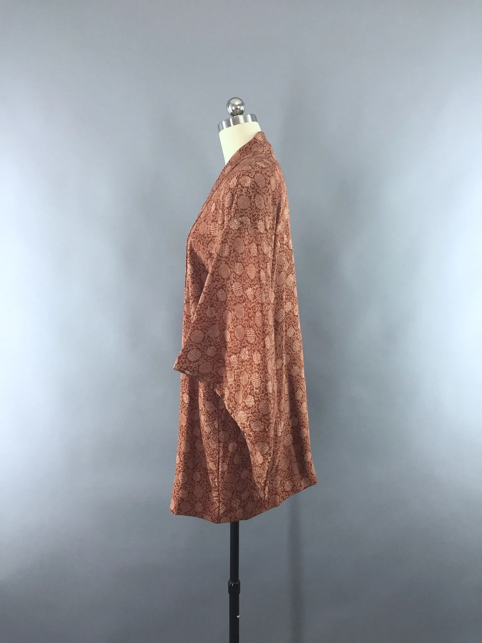 1950s Vintage Silk Kimono Jacket Cardigan with Brown Floral Print