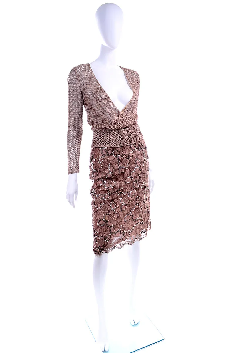 1970s Vintage Copper 2 pc Lace Sequin Skirt & Crochet Knit Top