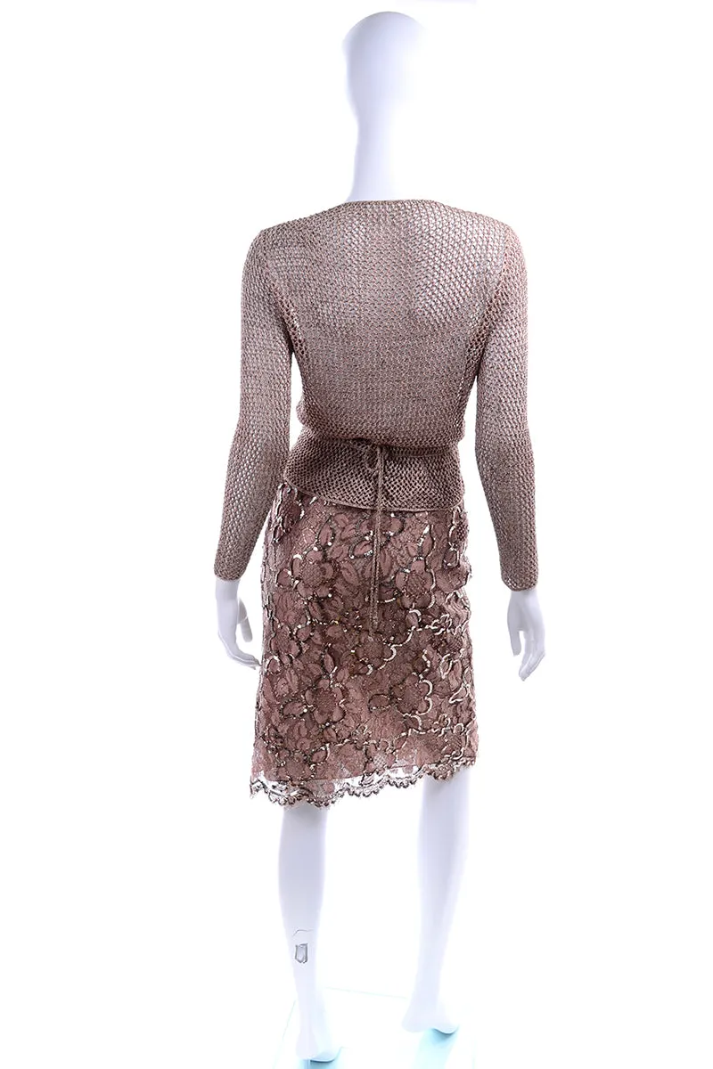 1970s Vintage Copper 2 pc Lace Sequin Skirt & Crochet Knit Top