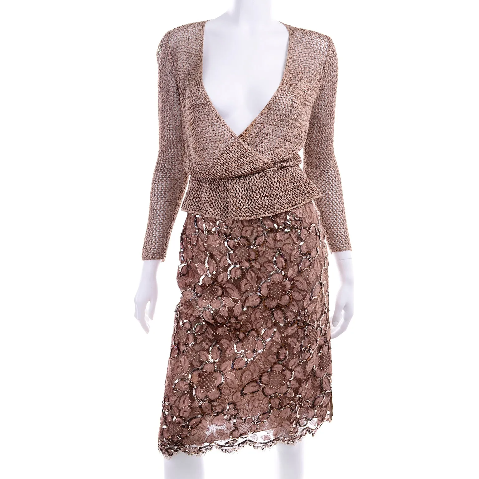 1970s Vintage Copper 2 pc Lace Sequin Skirt & Crochet Knit Top