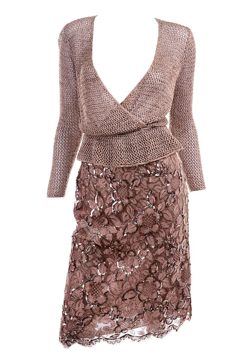 1970s Vintage Copper 2 pc Lace Sequin Skirt & Crochet Knit Top