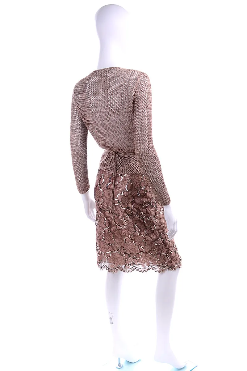 1970s Vintage Copper 2 pc Lace Sequin Skirt & Crochet Knit Top