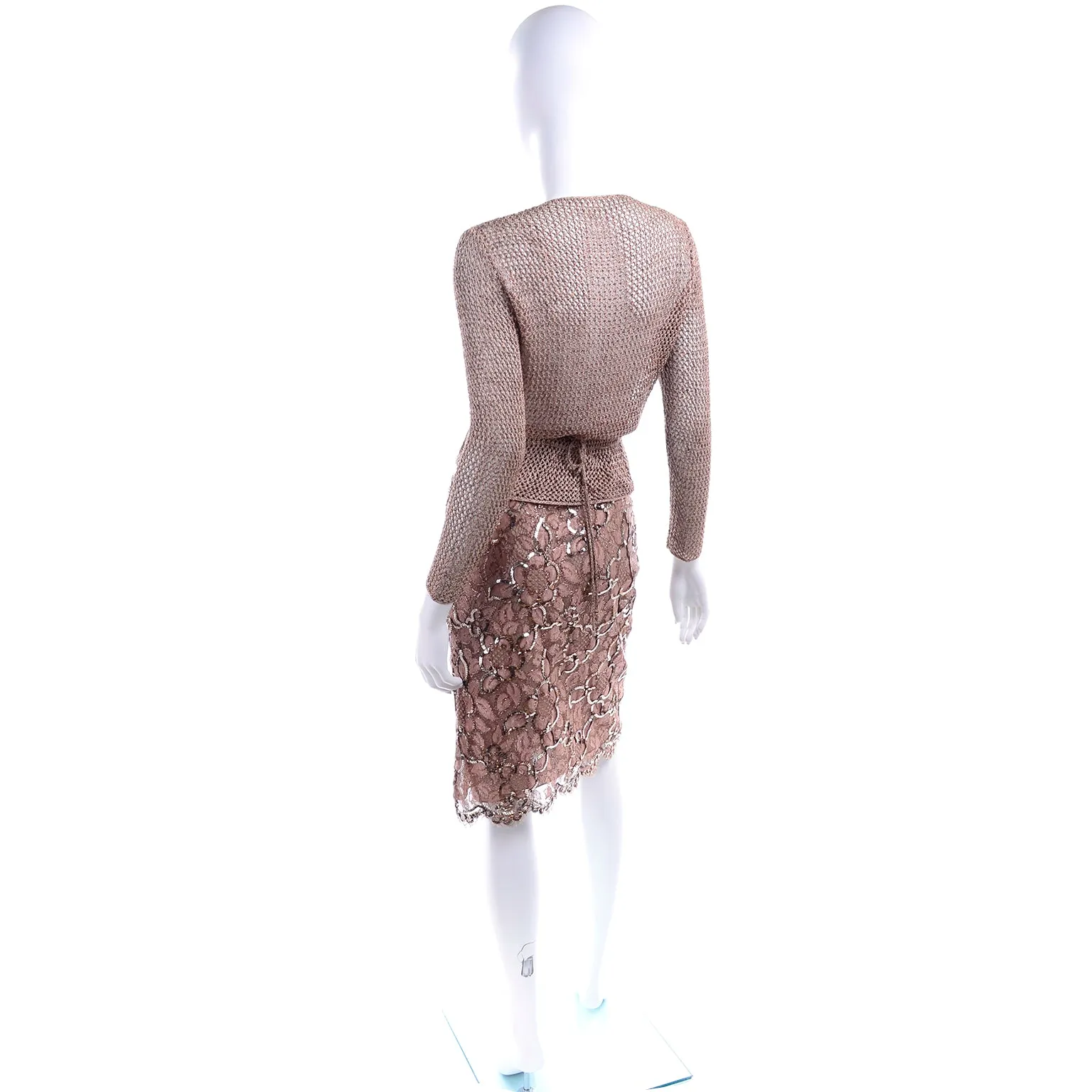 1970s Vintage Copper 2 pc Lace Sequin Skirt & Crochet Knit Top