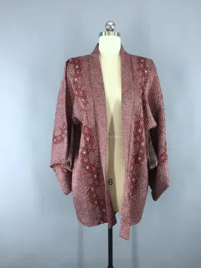 1970s Vintage Haori Kimono Cardigan Jacket in Maroon and Orange Shibori Print