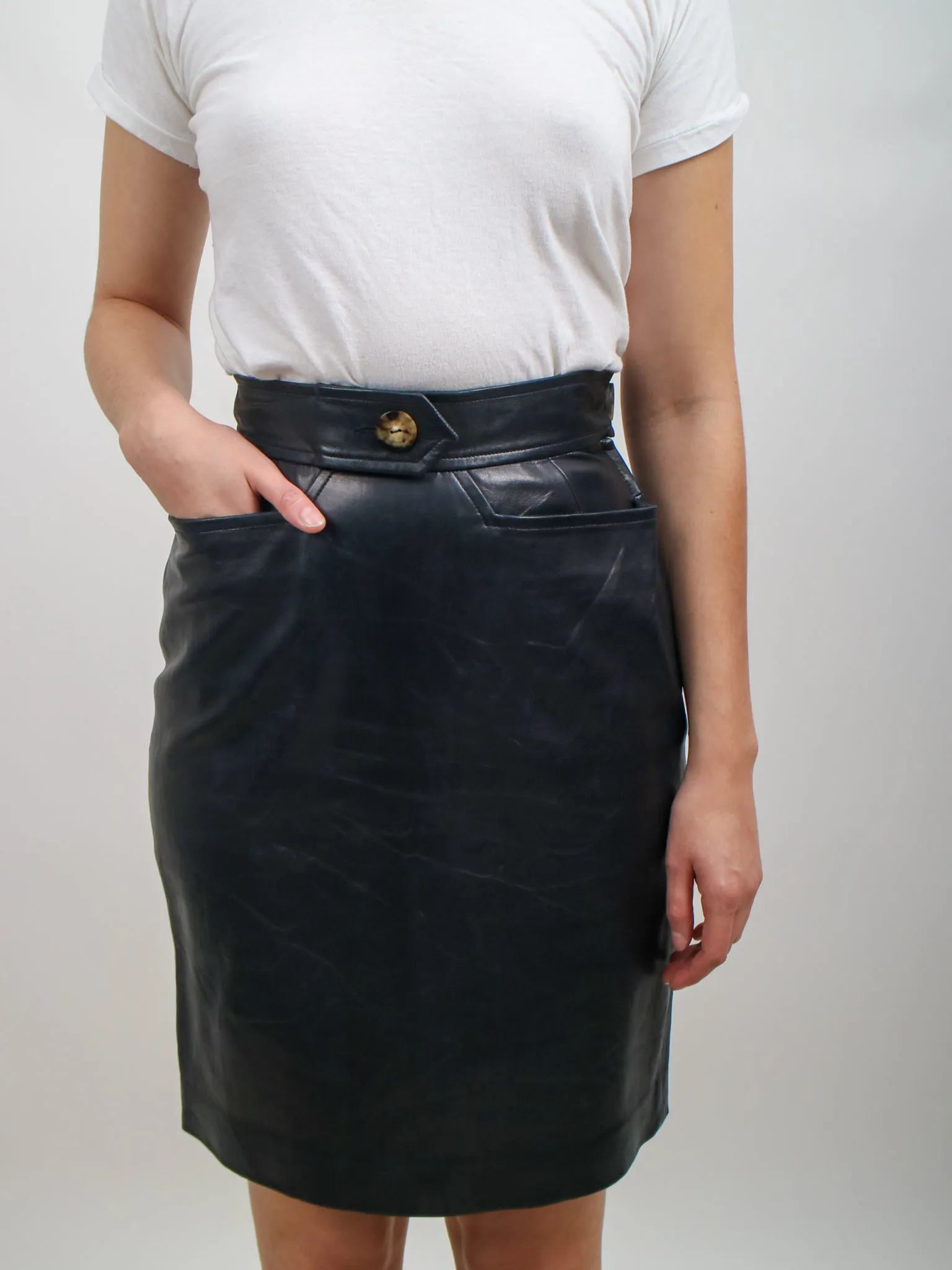 1980s Yves Saint Laurent YSL Black Lambskin Pencil Skirt