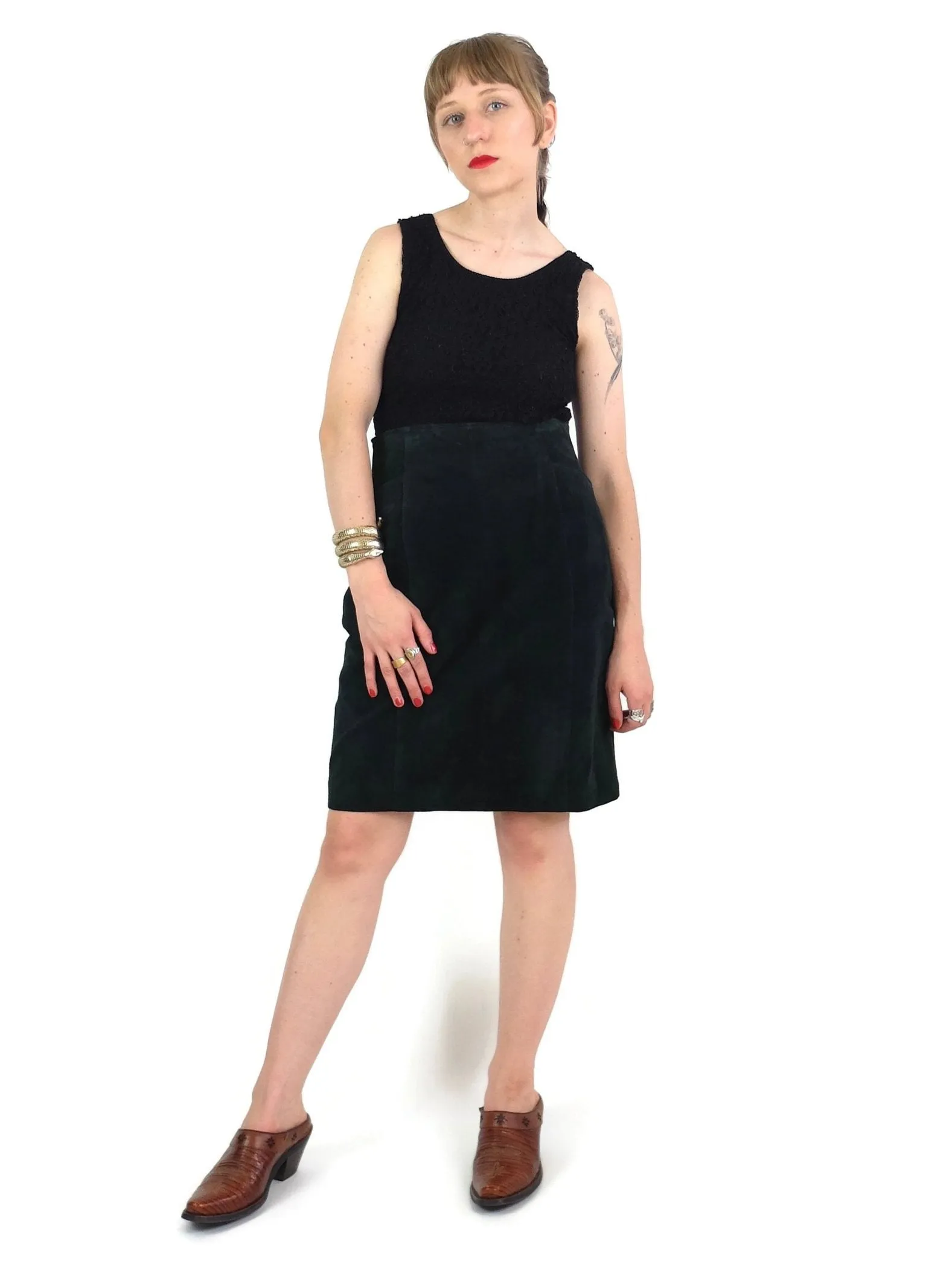 80s Wilsons Forest Green Suede Leather High Waisted Pencil Skirt