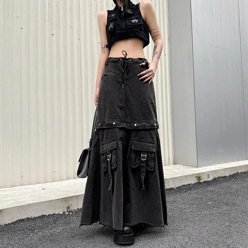 Aiertu 2024 Spring  Women Vintage Baggy Streetwear Denim Skirt Grunge 00S High Waist Y2K High Street Basic A-Line Lady Pockets Skirt