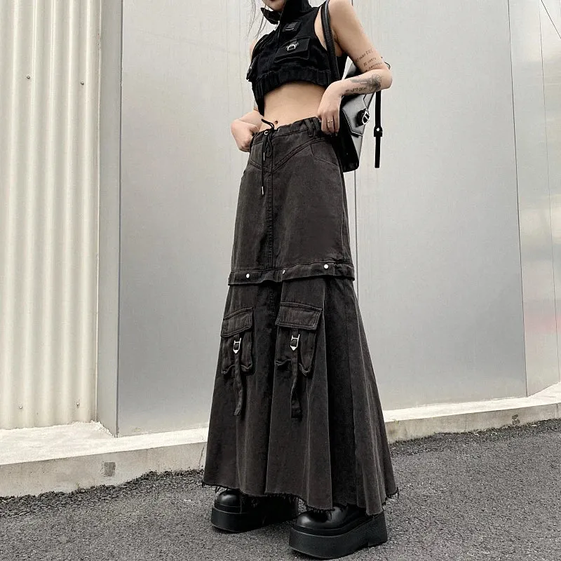 Aiertu 2024 Spring  Women Vintage Baggy Streetwear Denim Skirt Grunge 00S High Waist Y2K High Street Basic A-Line Lady Pockets Skirt