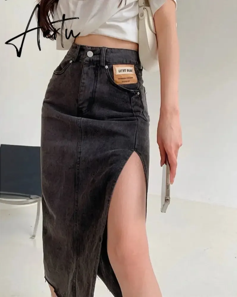 Aiertu  Maxi Jeans Skirt Women Denim Long Skirts Summer  Vintage Maxi Skirt Side Split Denim Skirt Women Long Korean