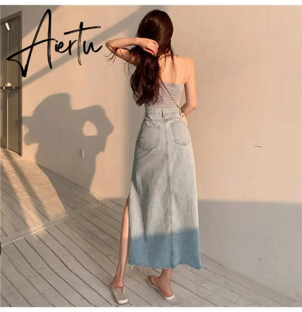 Aiertu  Maxi Jeans Skirt Women Denim Long Skirts Summer  Vintage Maxi Skirt Side Split Denim Skirt Women Long Korean