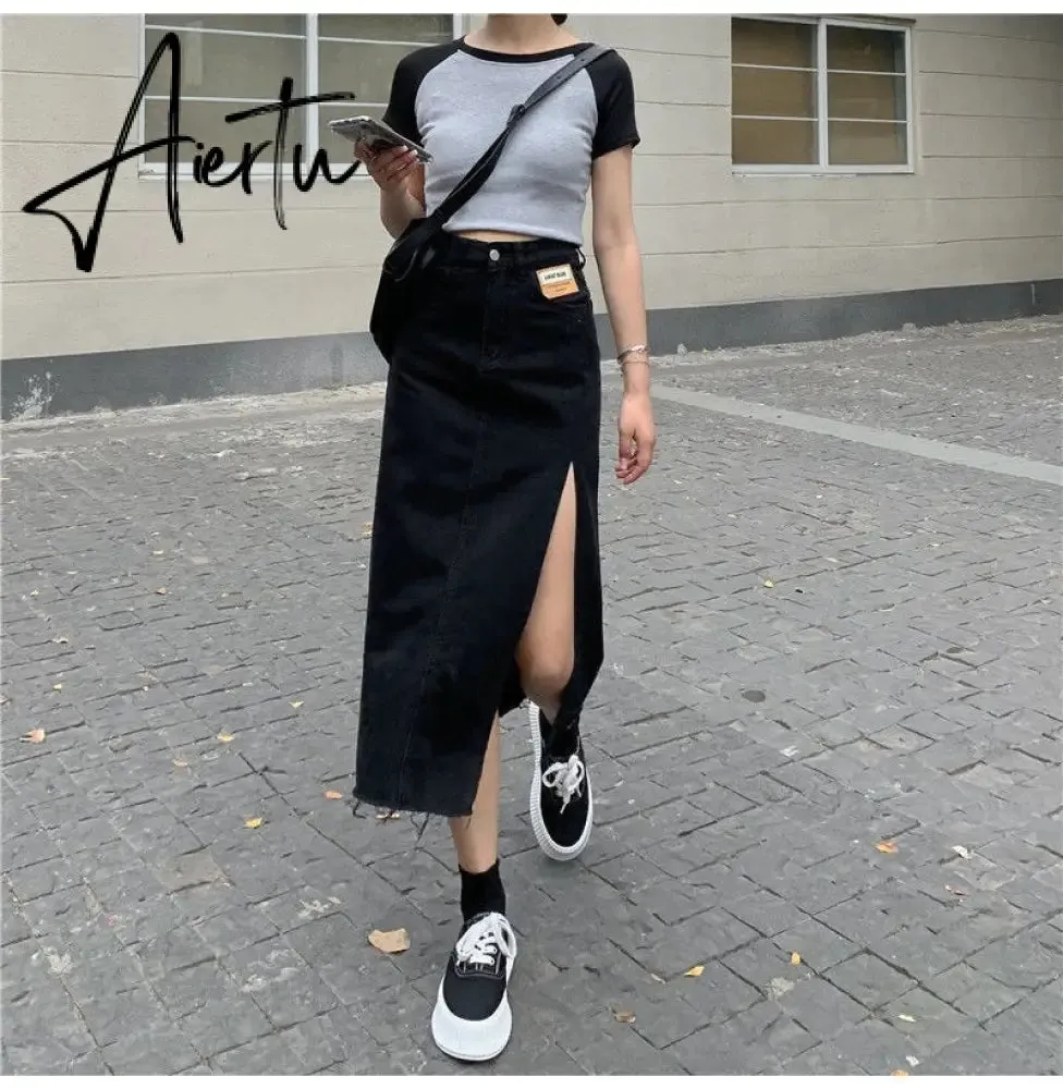 Aiertu  Maxi Jeans Skirt Women Denim Long Skirts Summer  Vintage Maxi Skirt Side Split Denim Skirt Women Long Korean