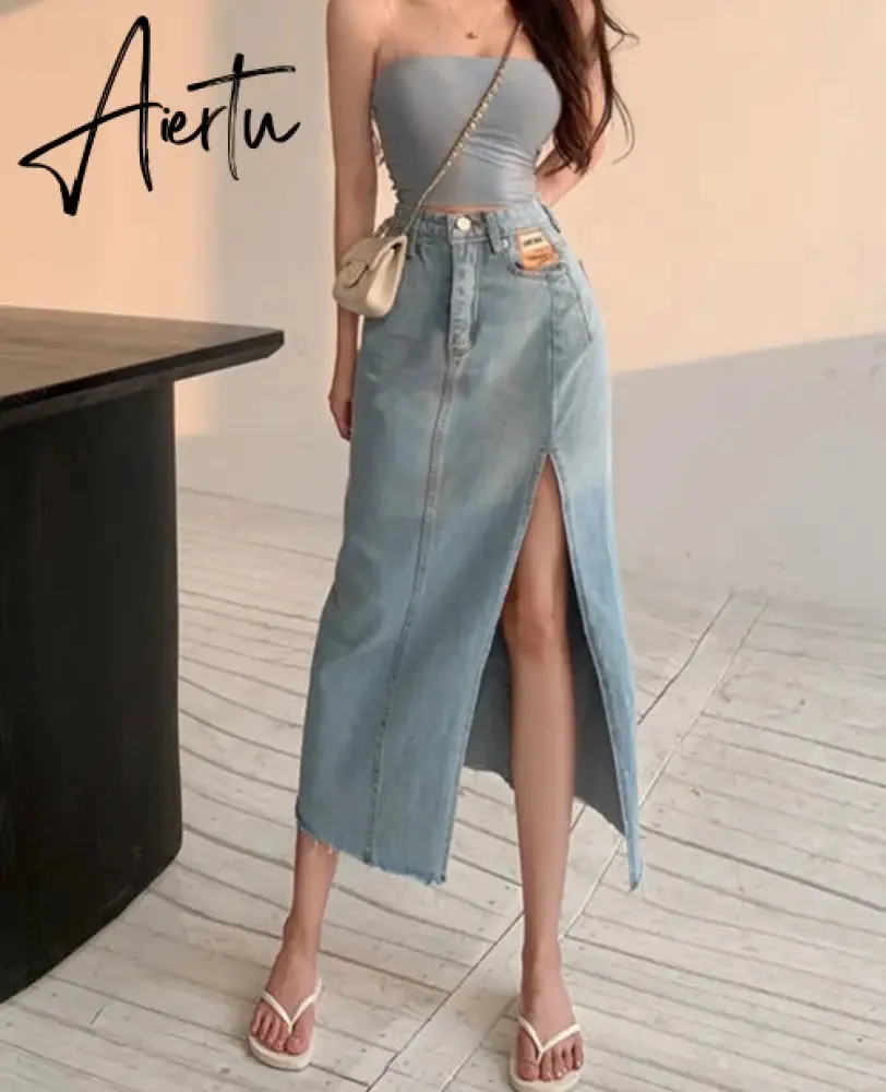 Aiertu  Maxi Jeans Skirt Women Denim Long Skirts Summer  Vintage Maxi Skirt Side Split Denim Skirt Women Long Korean