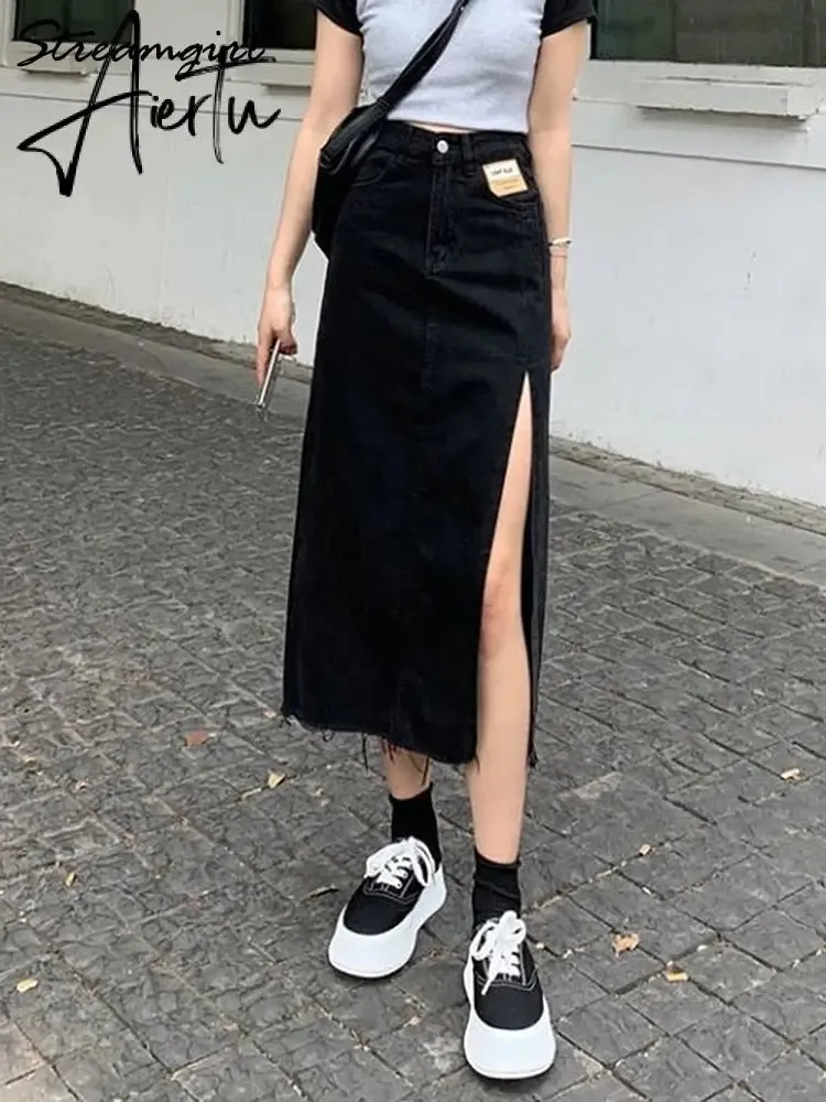 Aiertu  Maxi Jeans Skirt Women Denim Long Skirts Summer  Vintage Maxi Skirt Side Split Denim Skirt Women Long Korean