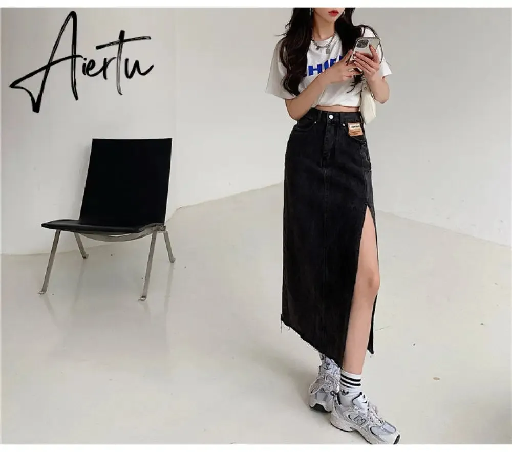 Aiertu  Maxi Jeans Skirt Women Denim Long Skirts Summer  Vintage Maxi Skirt Side Split Denim Skirt Women Long Korean