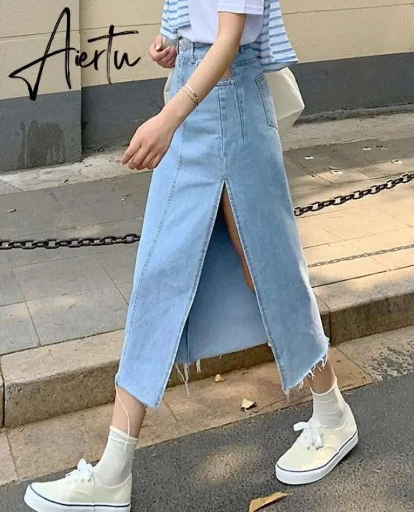 Aiertu  Maxi Jeans Skirt Women Denim Long Skirts Summer  Vintage Maxi Skirt Side Split Denim Skirt Women Long Korean