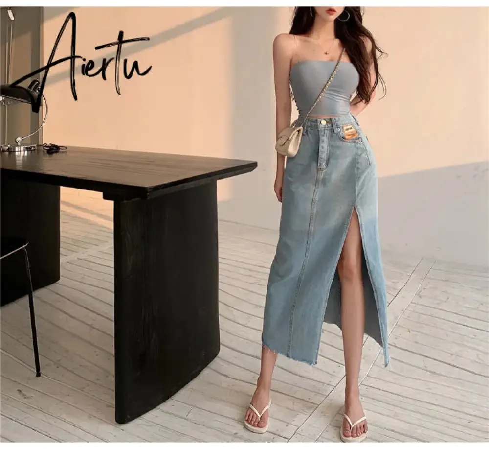 Aiertu  Maxi Jeans Skirt Women Denim Long Skirts Summer  Vintage Maxi Skirt Side Split Denim Skirt Women Long Korean