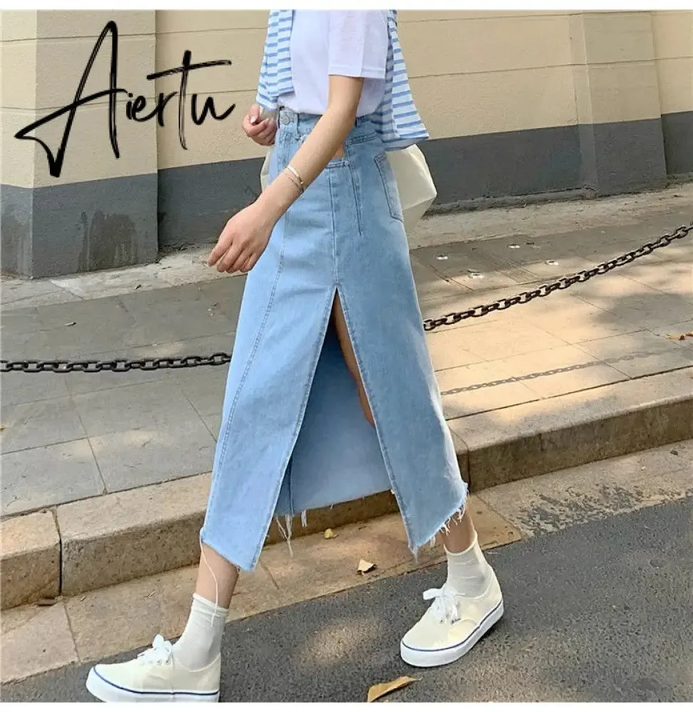 Aiertu  Maxi Jeans Skirt Women Denim Long Skirts Summer  Vintage Maxi Skirt Side Split Denim Skirt Women Long Korean