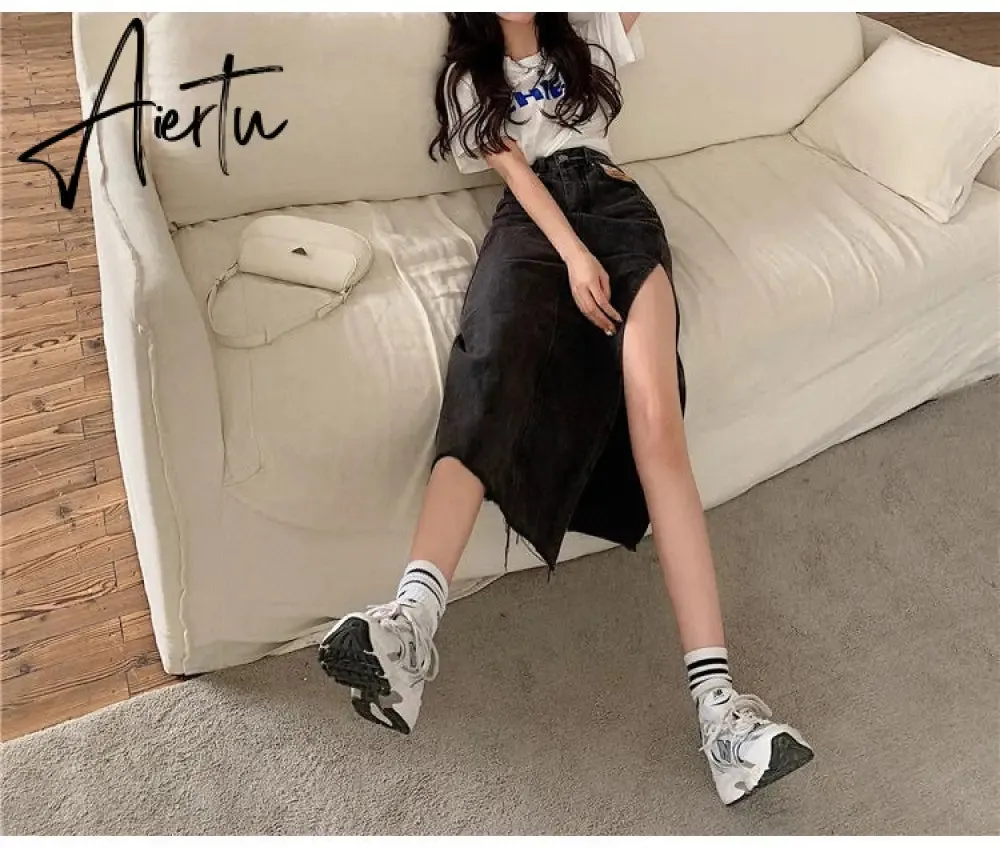 Aiertu  Maxi Jeans Skirt Women Denim Long Skirts Summer  Vintage Maxi Skirt Side Split Denim Skirt Women Long Korean