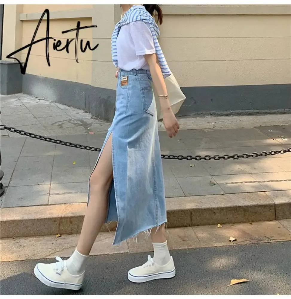 Aiertu  Maxi Jeans Skirt Women Denim Long Skirts Summer  Vintage Maxi Skirt Side Split Denim Skirt Women Long Korean