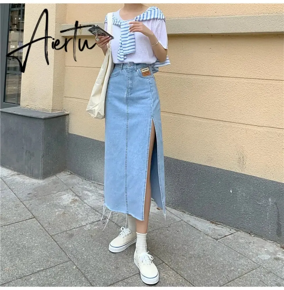 Aiertu  Maxi Jeans Skirt Women Denim Long Skirts Summer  Vintage Maxi Skirt Side Split Denim Skirt Women Long Korean