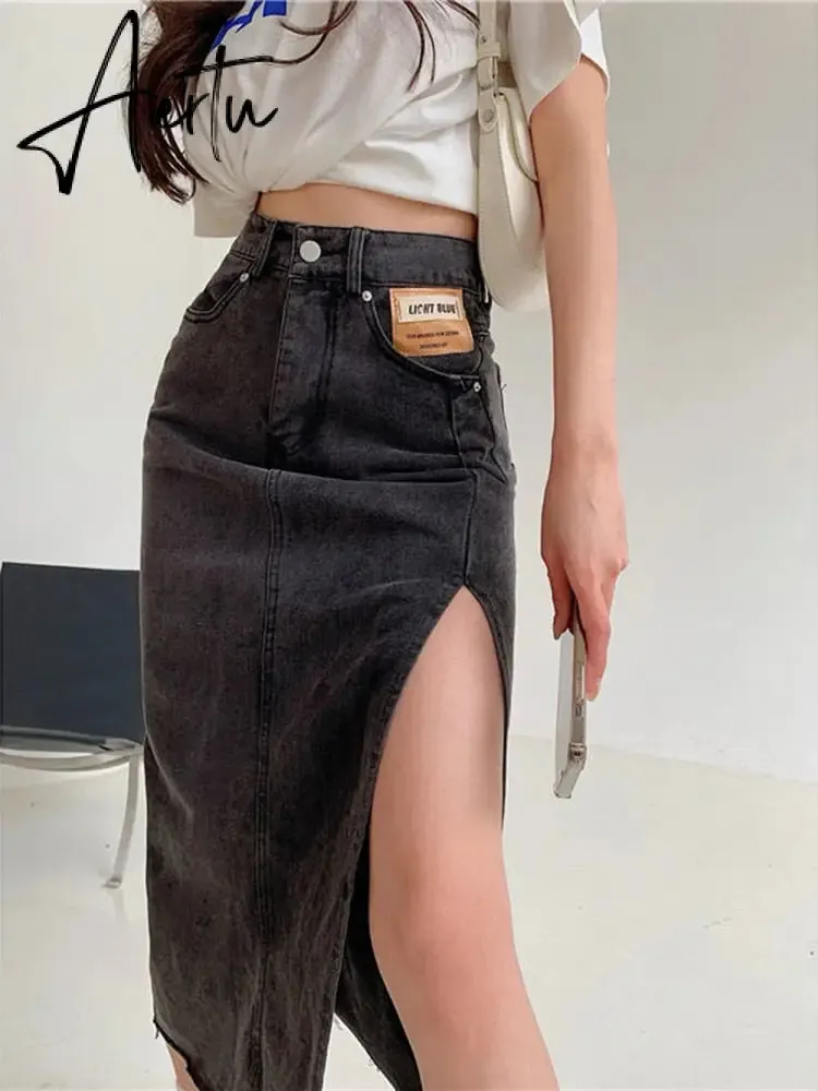 Aiertu  Maxi Jeans Skirt Women Denim Long Skirts Summer  Vintage Maxi Skirt Side Split Denim Skirt Women Long Korean