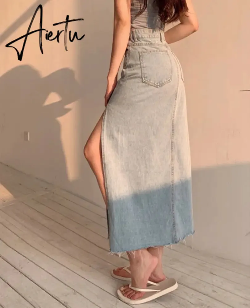 Aiertu  Maxi Jeans Skirt Women Denim Long Skirts Summer  Vintage Maxi Skirt Side Split Denim Skirt Women Long Korean