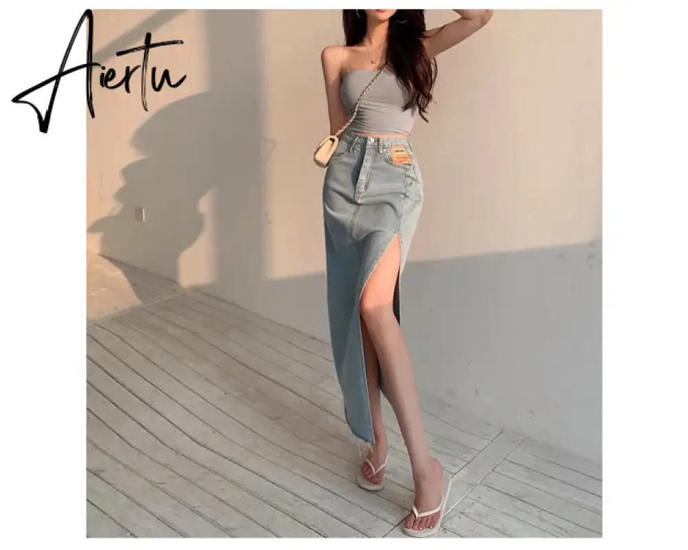 Aiertu  Maxi Jeans Skirt Women Denim Long Skirts Summer  Vintage Maxi Skirt Side Split Denim Skirt Women Long Korean