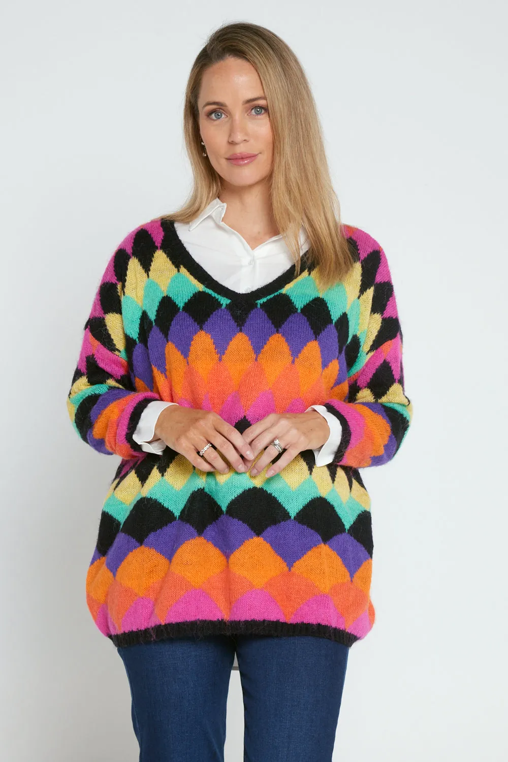 Argyle Knit Jumper - Black/Rainbow