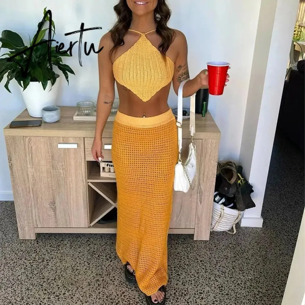 Beach Style Striped Knitted Maxi Skirts Summer Holiday Chic Women Sexy High Waist Pencil Long Skirt Bodycon Y2K Vintage Clothes