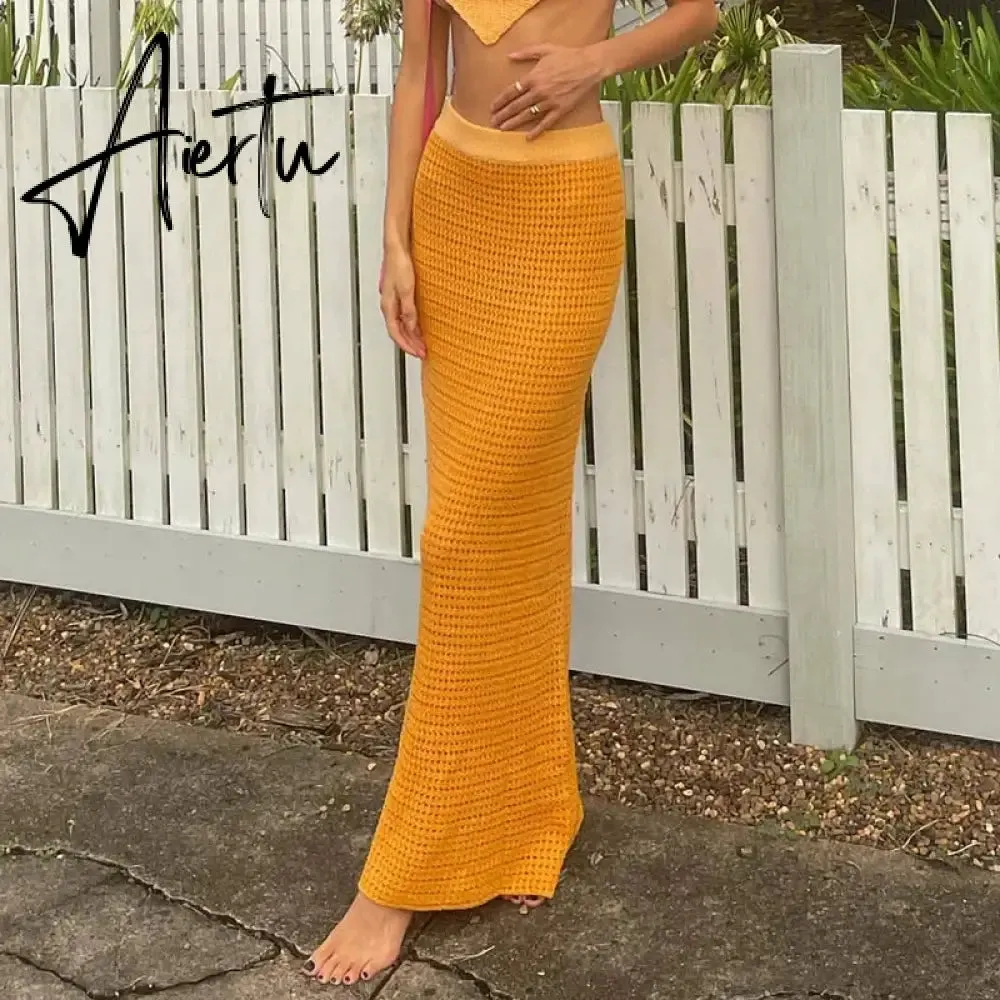 Beach Style Striped Knitted Maxi Skirts Summer Holiday Chic Women Sexy High Waist Pencil Long Skirt Bodycon Y2K Vintage Clothes