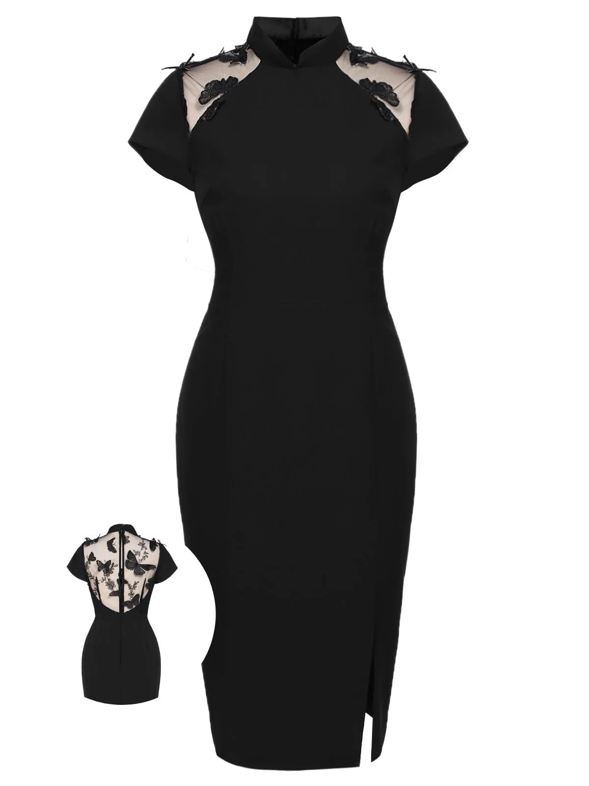 Black 1960s Butterfly Backless Pencil Dress