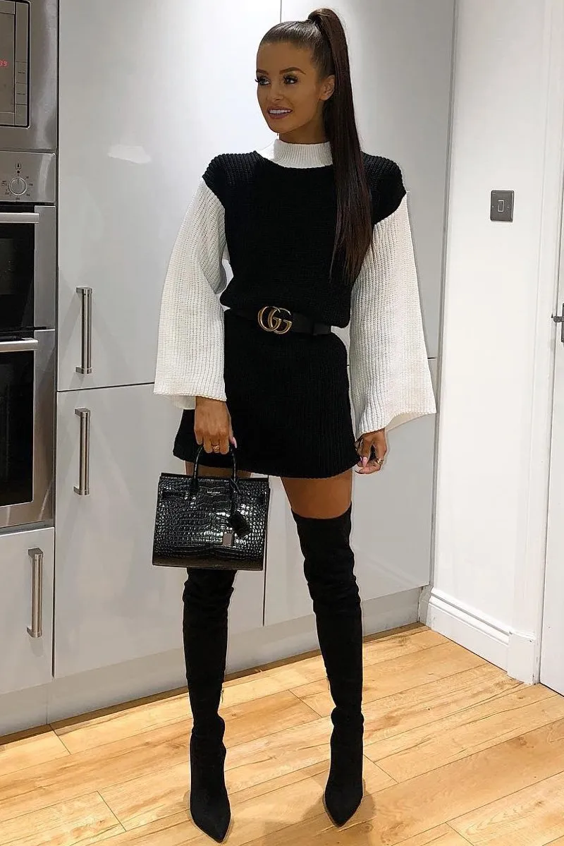 Black And White Knitted High Neck Oversized Jumper - Cerina