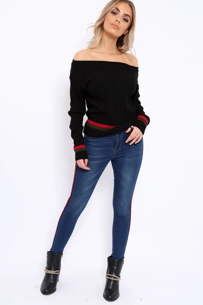 Black Bardot Jumper with Stripe Detail - Falon