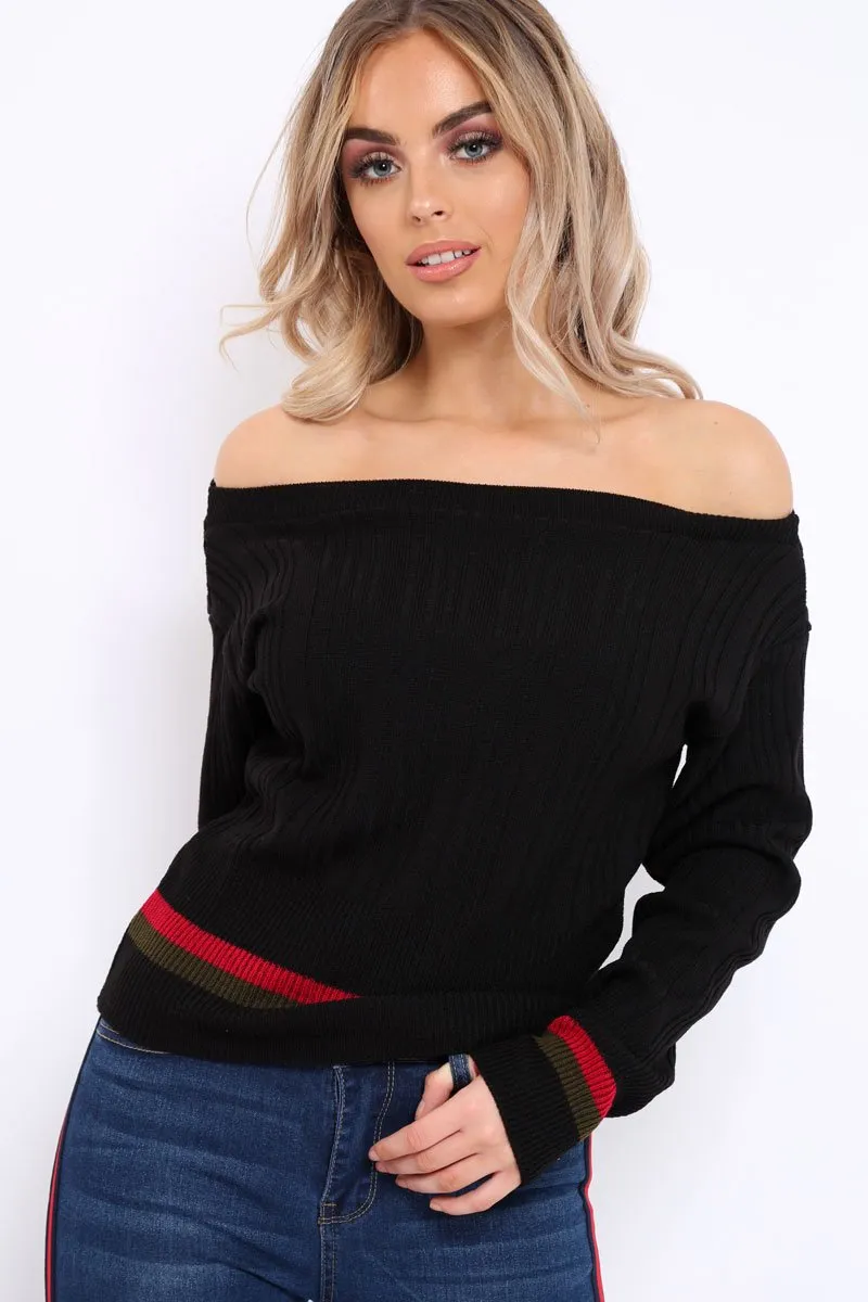 Black Bardot Jumper with Stripe Detail - Falon