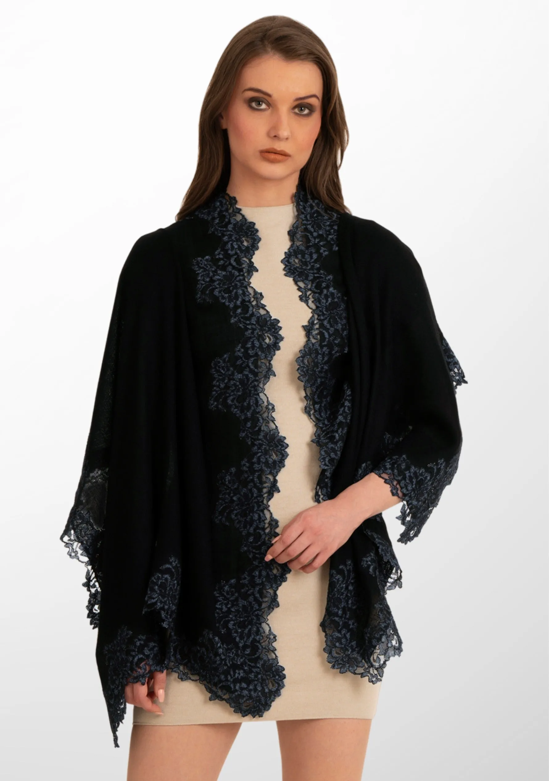 Black Cashmere Scarf with a Dual Shade Black and Blue Floral Chantilly Lace Border