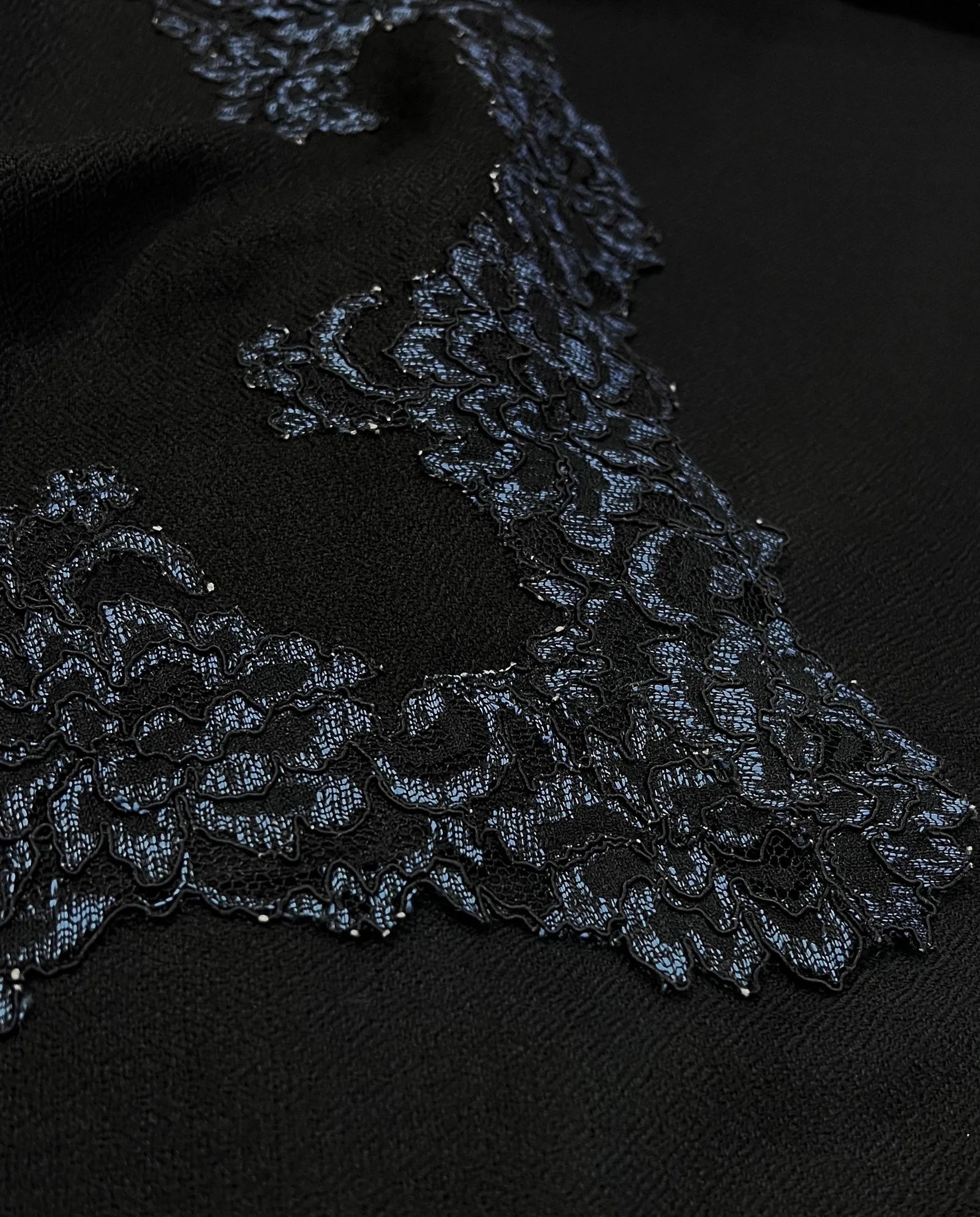 Black Cashmere Scarf with a Dual Shade Black and Blue Floral Chantilly Lace Border