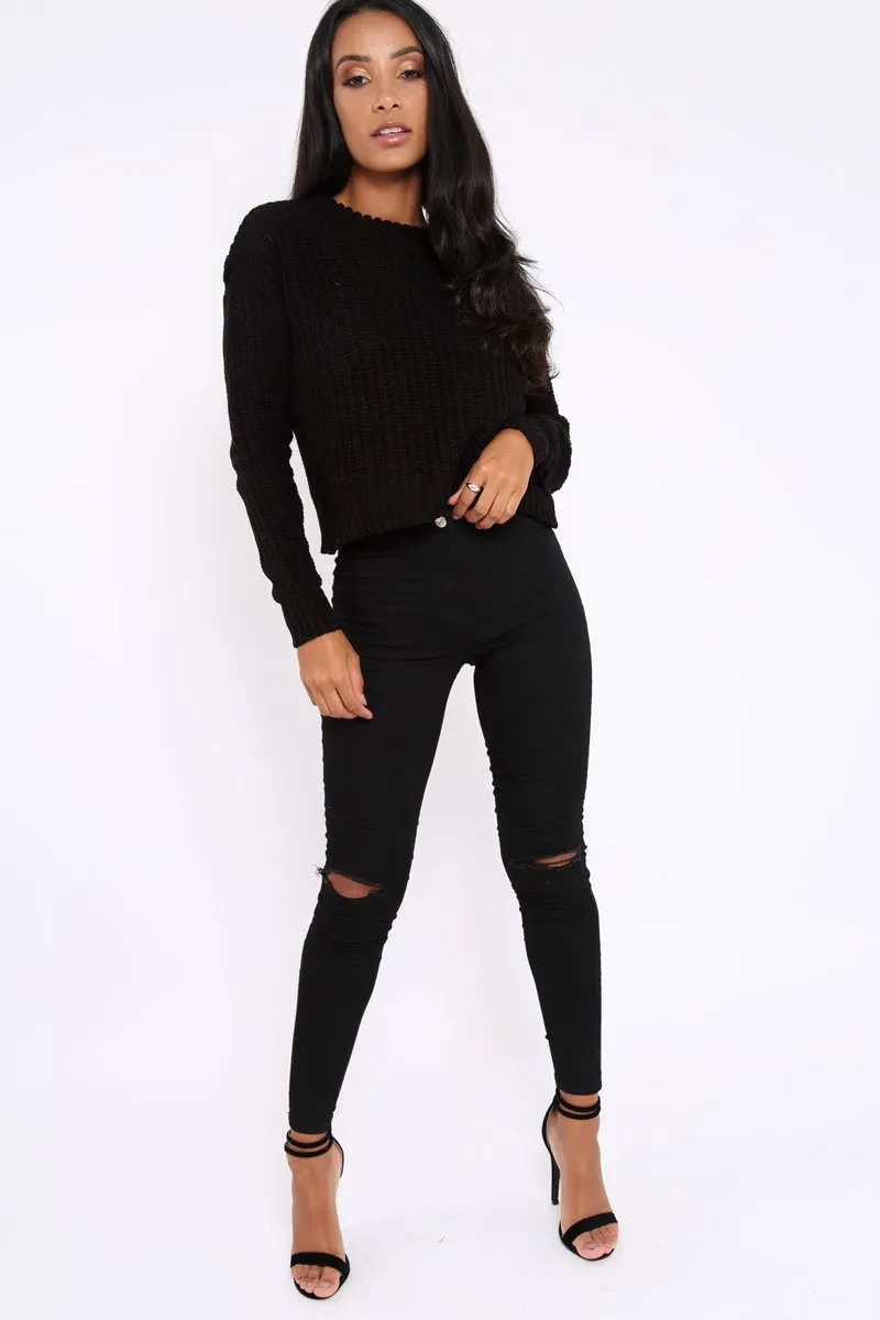 Black Chunky Knit Distressed Jumper - Bella