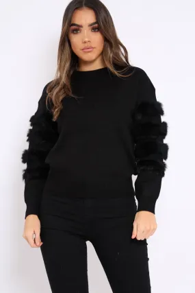 Black Fur Sleeve Knitted Jumper - Courtnie