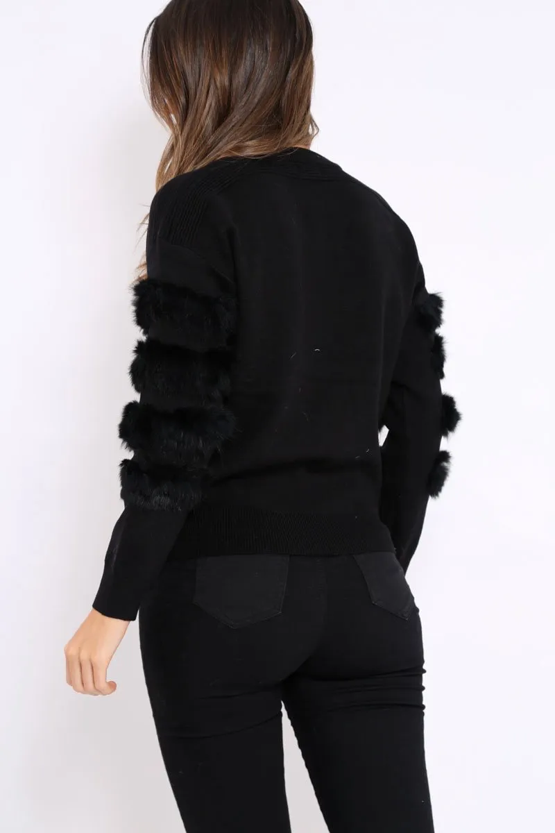 Black Fur Sleeve Knitted Jumper - Courtnie