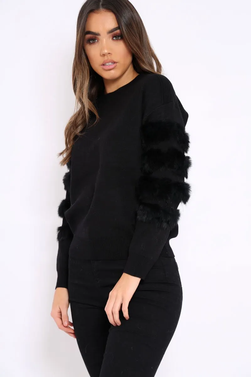 Black Fur Sleeve Knitted Jumper - Courtnie