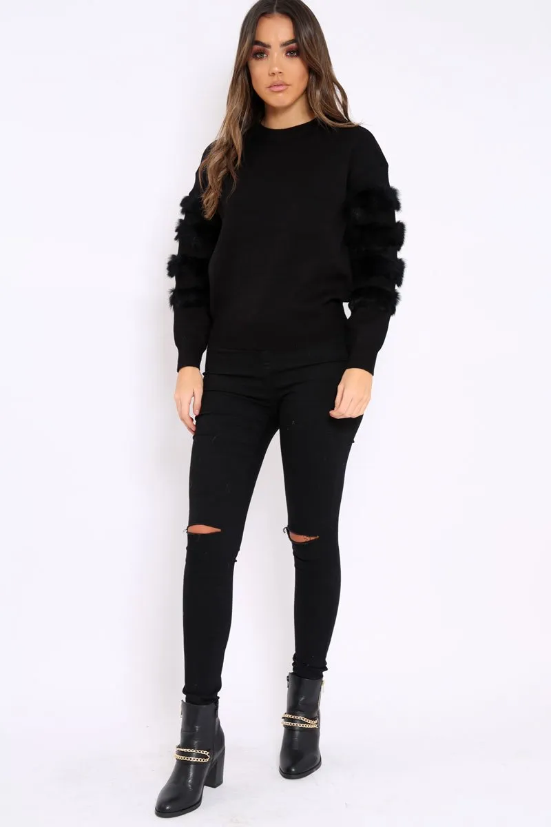 Black Fur Sleeve Knitted Jumper - Courtnie