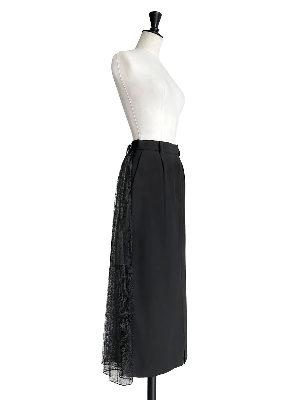 Black Slit Front Pencil Skirt With Pleated Lace Back