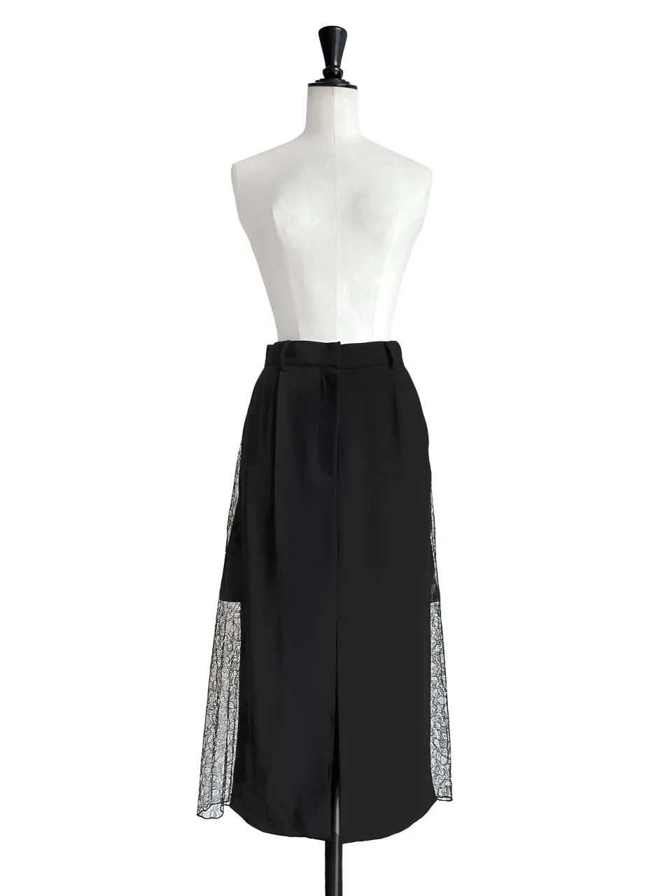 Black Slit Front Pencil Skirt With Pleated Lace Back