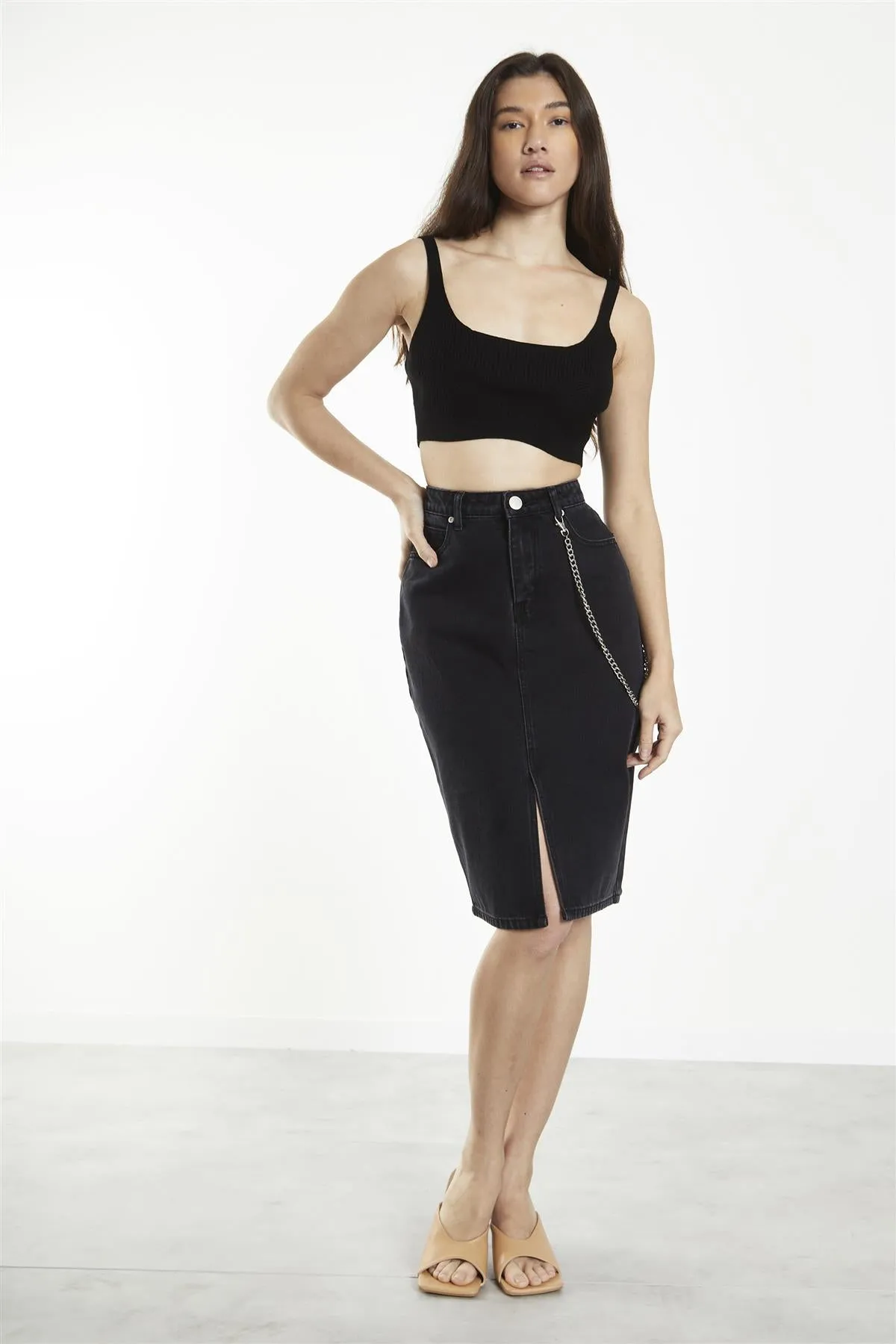 Black Straight Pencil Midi-Skirt