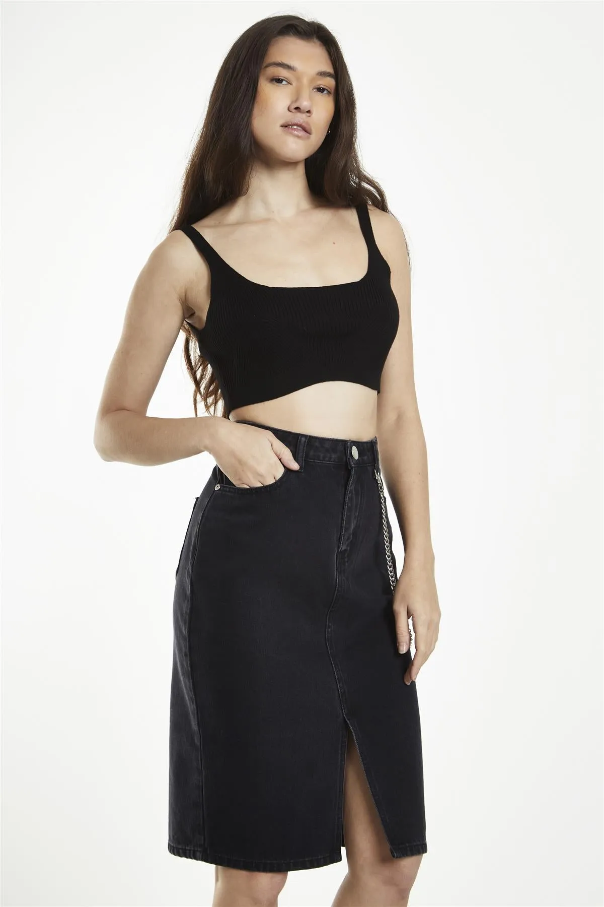 Black Straight Pencil Midi-Skirt