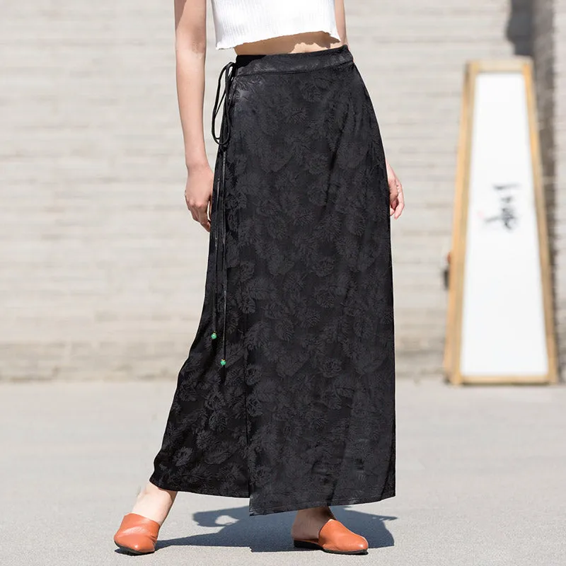 Black Vintage Chinese-style Feather Pattern Jacquard Midi Skirt for Women