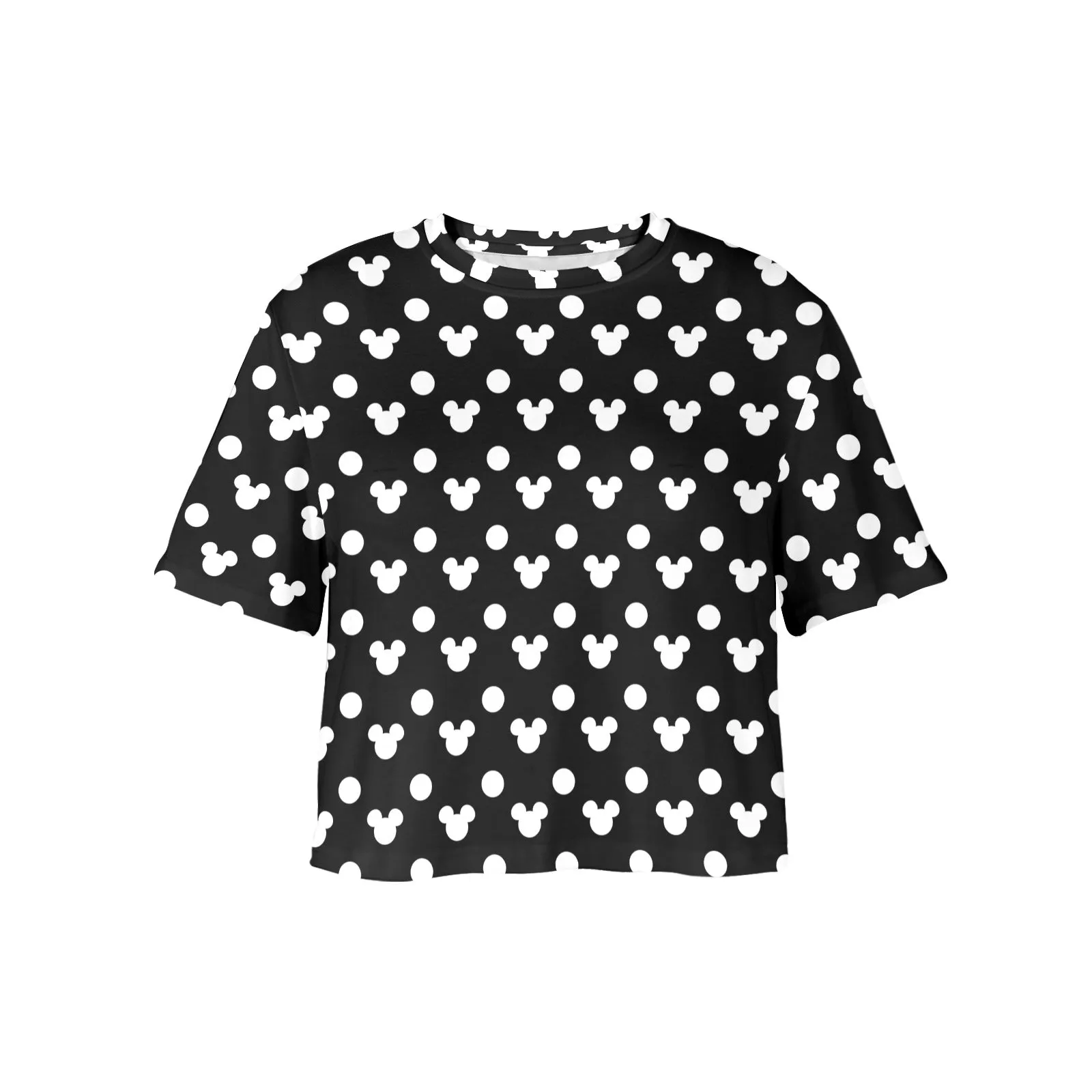 Black With White Mickey Polka Dots Women's Cropped T-shirt